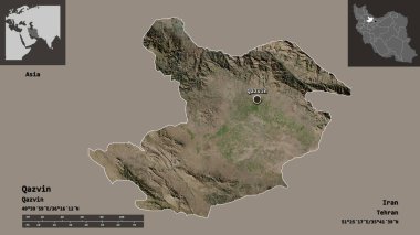 Kazvin 'in şekli, İran eyaleti ve başkenti. Uzaklık ölçeği, ön gösterimler ve etiketler. Uydu görüntüleri. 3B görüntüleme