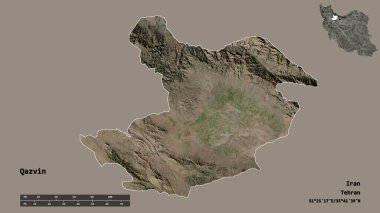 İran 'ın Kazvin eyaleti, başkenti sağlam bir zemin üzerinde izole edilmiştir. Uzaklık ölçeği, bölge önizlemesi ve etiketleri. Uydu görüntüleri. 3B görüntüleme