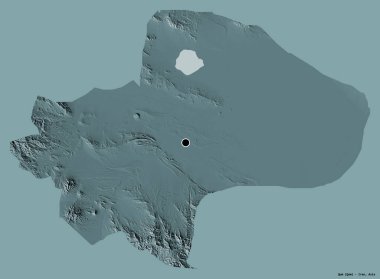 İran 'ın Qom eyaleti, başkenti katı renk arkaplanı ile izole edilmiştir. Renkli yükseklik haritası. 3B görüntüleme