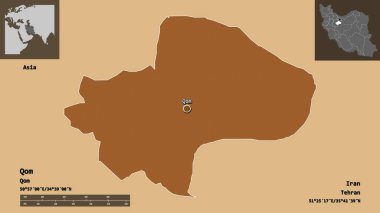 Qom 'un şekli, İran eyaleti ve başkenti. Uzaklık ölçeği, ön gösterimler ve etiketler. Desenli dokuların bileşimi. 3B görüntüleme