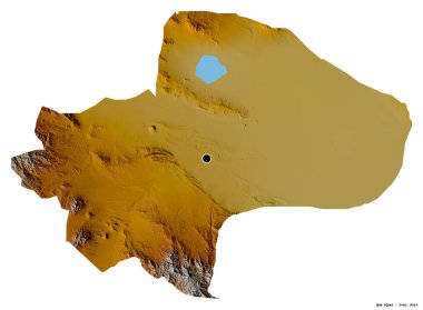 Beyaz arka planda başkenti izole edilmiş, İran eyaleti Qom 'un şekli. Topografik yardım haritası. 3B görüntüleme