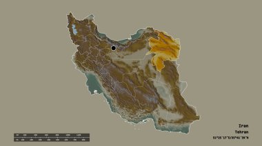 Başkenti, ana bölgesel bölümü ve ayrılmış Razavi Horasan bölgesi ile İran 'ın dejenere edilmiş şekli. Etiketler. Topografik yardım haritası. 3B görüntüleme