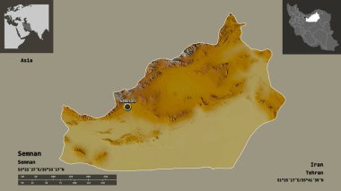 Semnan 'ın şekli, İran eyaleti ve başkenti. Uzaklık ölçeği, ön gösterimler ve etiketler. Topografik yardım haritası. 3B görüntüleme