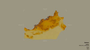 Semnan bölgesi, İran eyaleti, jeoreferatlı bir sınır kutusunda sağlam bir arka planda izole edilmiş. Etiketler. Topografik yardım haritası. 3B görüntüleme