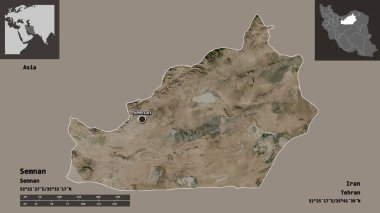 Semnan 'ın şekli, İran eyaleti ve başkenti. Uzaklık ölçeği, ön gösterimler ve etiketler. Uydu görüntüleri. 3B görüntüleme