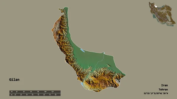 イランの州 ギランの形状は その首都はしっかりとした背景に隔離されています 距離スケール リージョンプレビュー およびラベル 地形図 3Dレンダリング — ストック写真