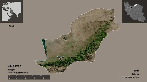 Shape Golestan Province Iran Its Capital Distance Scale Previews Labels — Stock Photo, Image