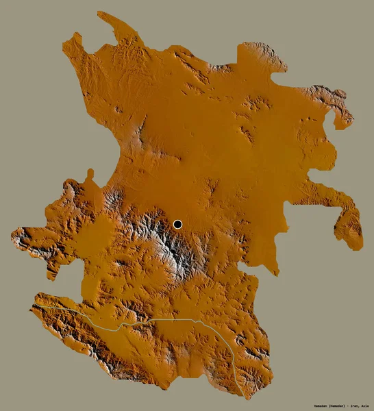 Shape of Hamadan, province of Iran, with its capital isolated on a solid color background. Topographic relief map. 3D rendering