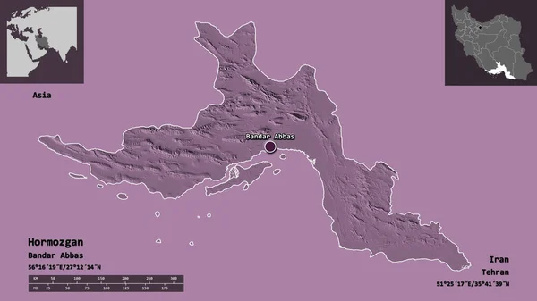 イランの州ホルモガンとその首都の形 距離スケール プレビューおよびラベル 色の標高マップ 3Dレンダリング — ストック写真