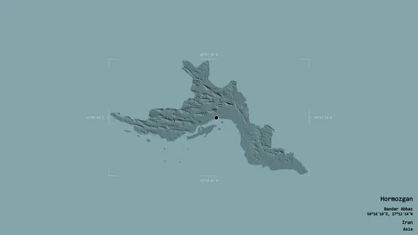 イランの州Hormozganの地域は 洗練された境界ボックス内のしっかりとした背景に隔離されています ラベル 色の標高マップ 3Dレンダリング — ストック写真
