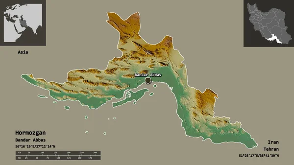 イランの州ホルモガンとその首都の形 距離スケール プレビューおよびラベル 地形図 3Dレンダリング — ストック写真