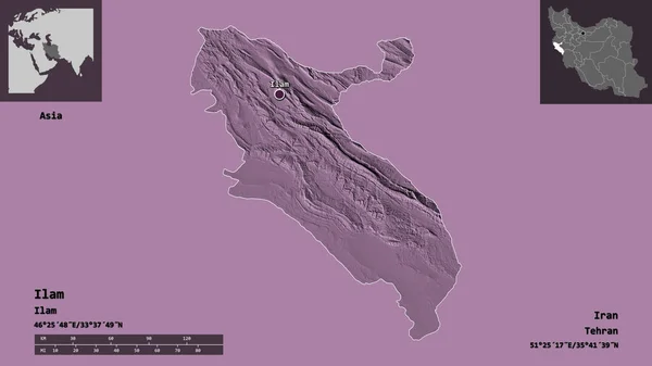 伊朗伊兰的形状和它的首都 距离刻度 预览和标签 彩色高程图 3D渲染 — 图库照片