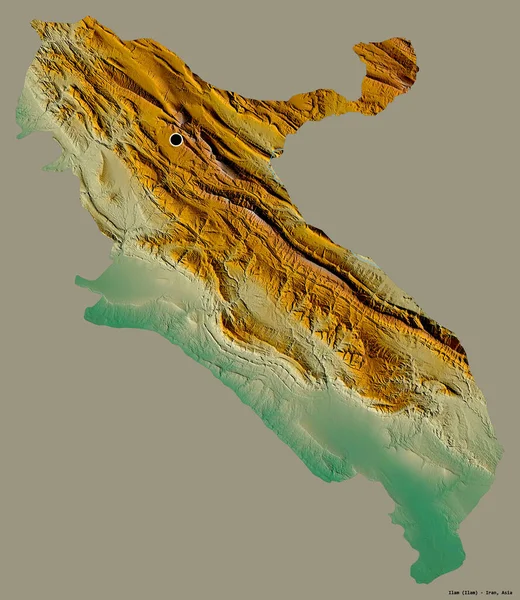 İran 'ın İlam eyaleti, başkenti katı bir renk arkaplanı ile izole edilmiştir. Topografik yardım haritası. 3B görüntüleme