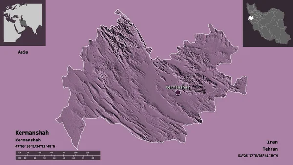 イランの州ケルマンシャーとその首都の形 距離スケール プレビューおよびラベル 色の標高マップ 3Dレンダリング — ストック写真