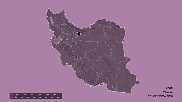 主要な地域部門と分離ケルマンシャー地域とイランの荒廃した形 ラベル 色の標高マップ 3Dレンダリング — ストック写真