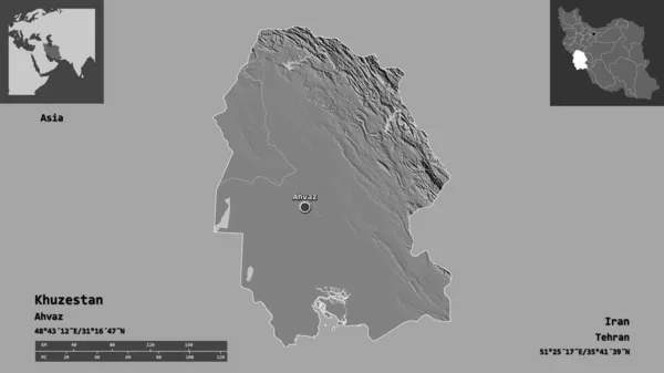 伊朗的胡齐斯坦省及其首都的形状 距离刻度 预览和标签 Bilevel高程图 3D渲染 — 图库照片