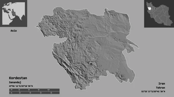 イランのコルデスタン州とその首都の形 距離スケール プレビューおよびラベル 標高マップ 3Dレンダリング — ストック写真