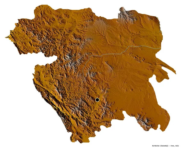 Форма Кордестана Провинции Иран Столицей Изолированной Белом Фоне Топографическая Карта — стоковое фото