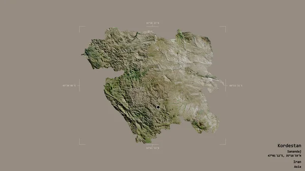 イランの州であるコルデスタンの地域は 洗練された境界ボックス内の強固な背景に隔離されています ラベル 衛星画像 3Dレンダリング — ストック写真