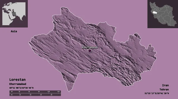伊朗洛里斯坦的形状和它的首都 距离刻度 预览和标签 彩色高程图 3D渲染 — 图库照片