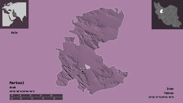 マルカジの形 イランの州とその首都 距離スケール プレビューおよびラベル 色の標高マップ 3Dレンダリング — ストック写真