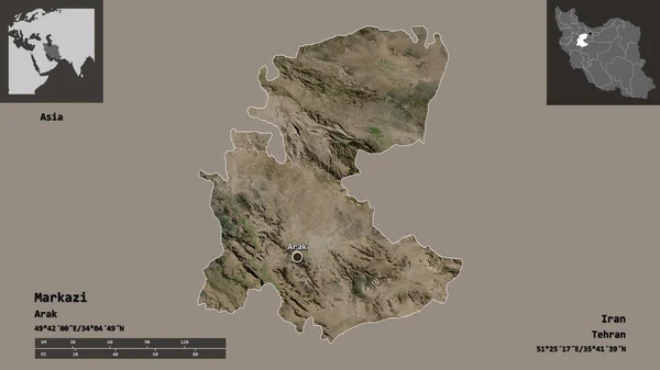 マルカジの形 イランの州とその首都 距離スケール プレビューおよびラベル 衛星画像 3Dレンダリング — ストック写真