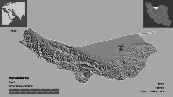 イランの州であるマザナランとその首都の形 距離スケール プレビューおよびラベル 標高マップ 3Dレンダリング — ストック写真