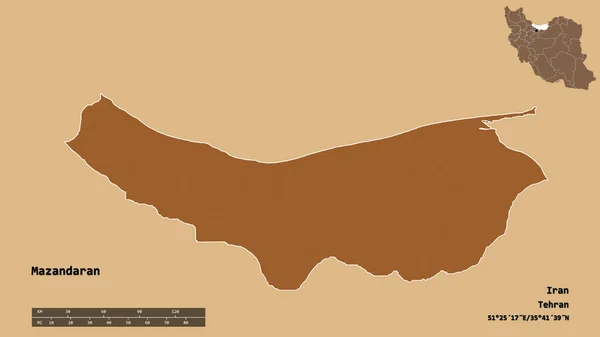 イランの州 マザンダランの形は その資本がしっかりとした背景に隔離されています 距離スケール リージョンプレビュー およびラベル パターン化されたテクスチャの構成 3Dレンダリング — ストック写真