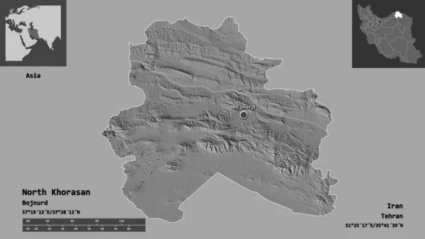 伊朗北胡拉桑的形状及其首都 距离刻度 预览和标签 Bilevel高程图 3D渲染 — 图库照片