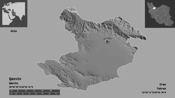 伊朗卡兹文的形状及其首都 距离刻度 预览和标签 Bilevel高程图 3D渲染 — 图库照片