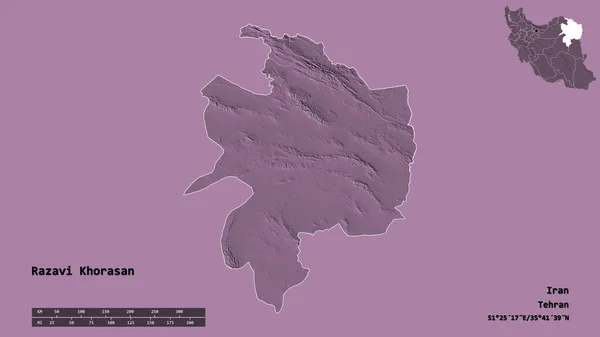 イランの州 ラザヴィ コラサンの形は その資本がしっかりとした背景に隔離されています 距離スケール リージョンプレビュー およびラベル 色の標高マップ 3Dレンダリング — ストック写真