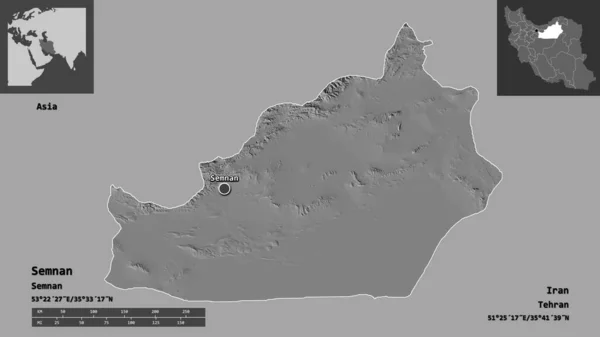 イランの州であるセムナンとその首都の形 距離スケール プレビューおよびラベル 標高マップ 3Dレンダリング — ストック写真