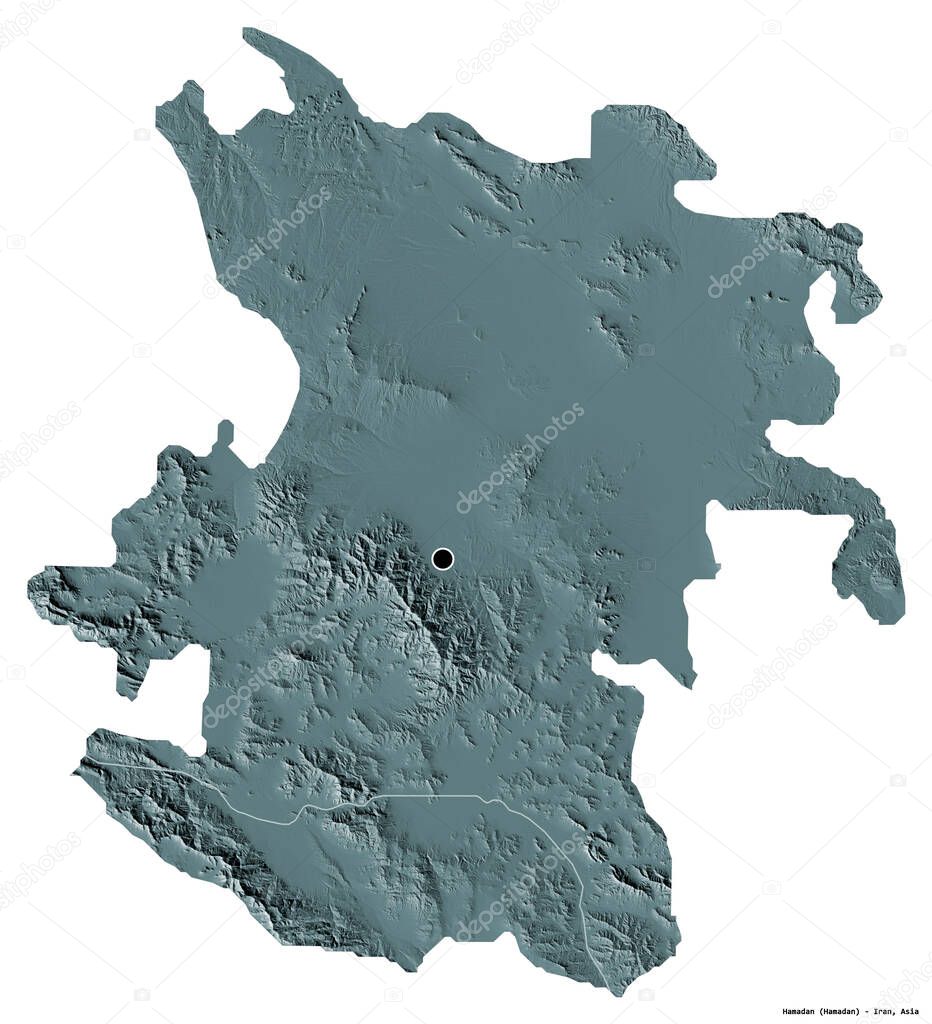 Shape of Hamadan, province of Iran, with its capital isolated on white background. Colored elevation map. 3D rendering