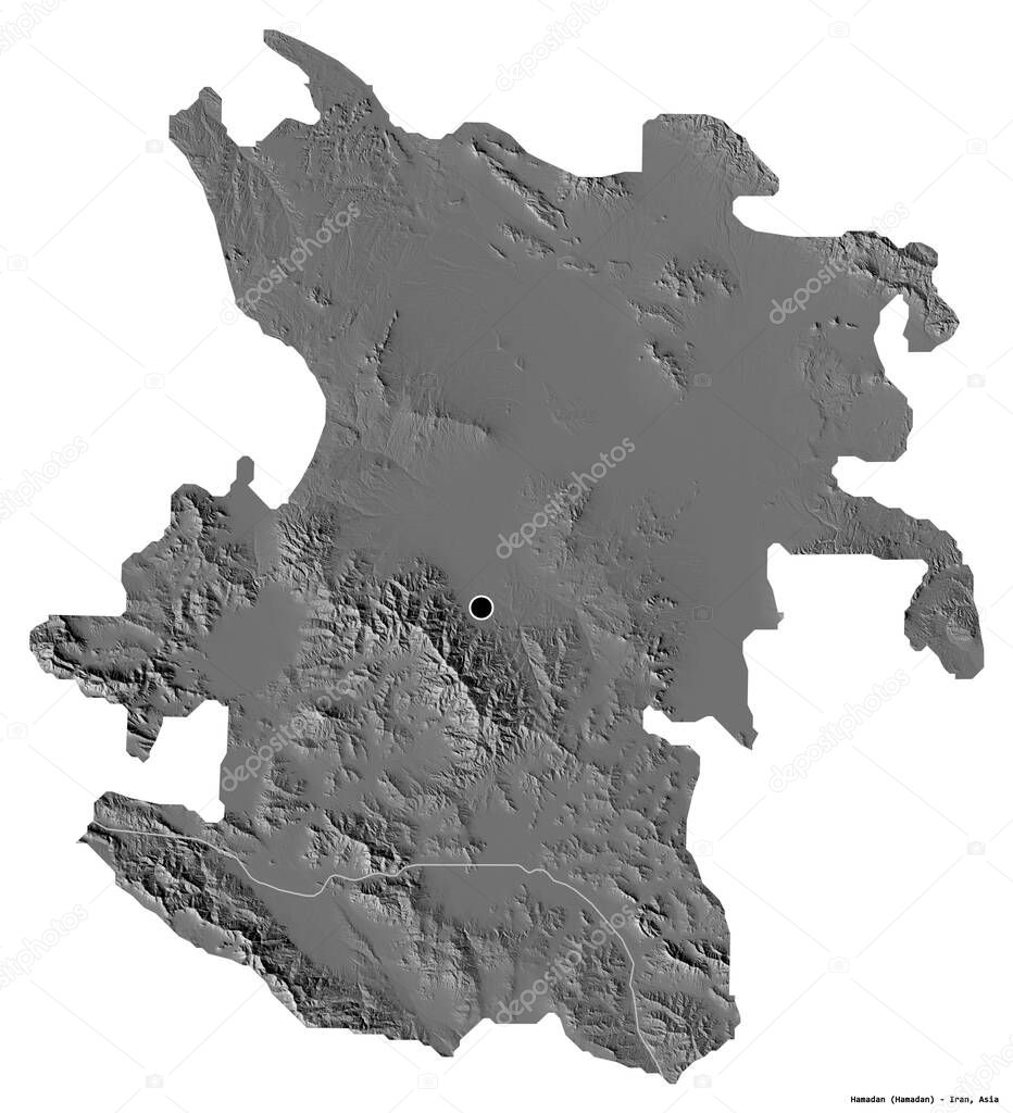 Shape of Hamadan, province of Iran, with its capital isolated on white background. Bilevel elevation map. 3D rendering