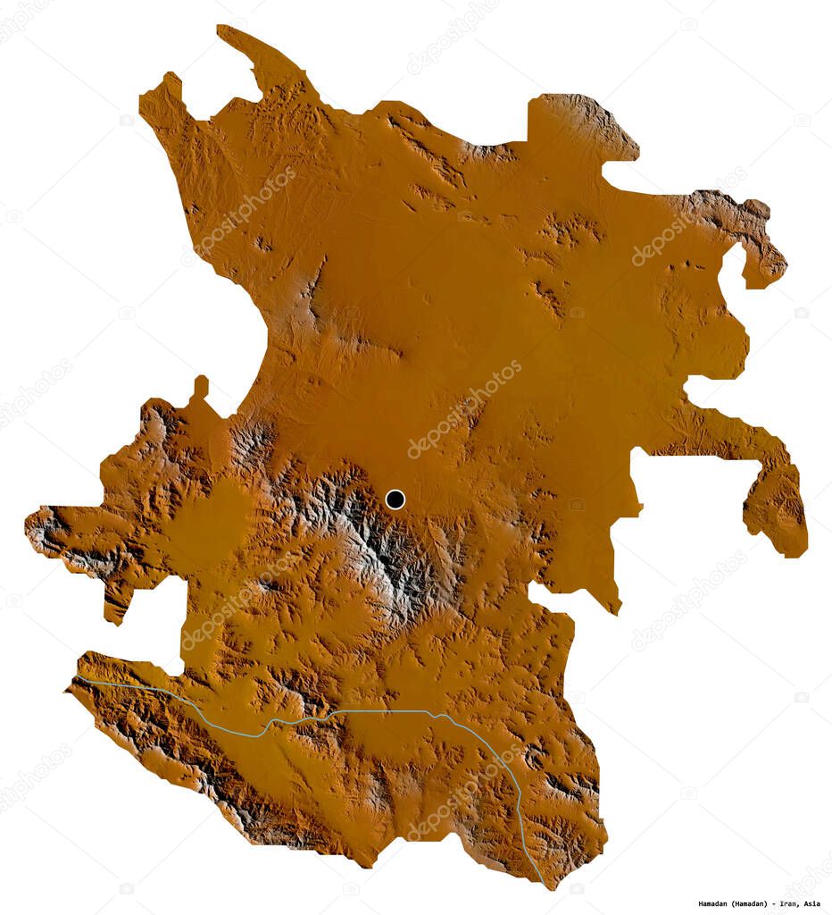 Shape of Hamadan, province of Iran, with its capital isolated on white background. Topographic relief map. 3D rendering