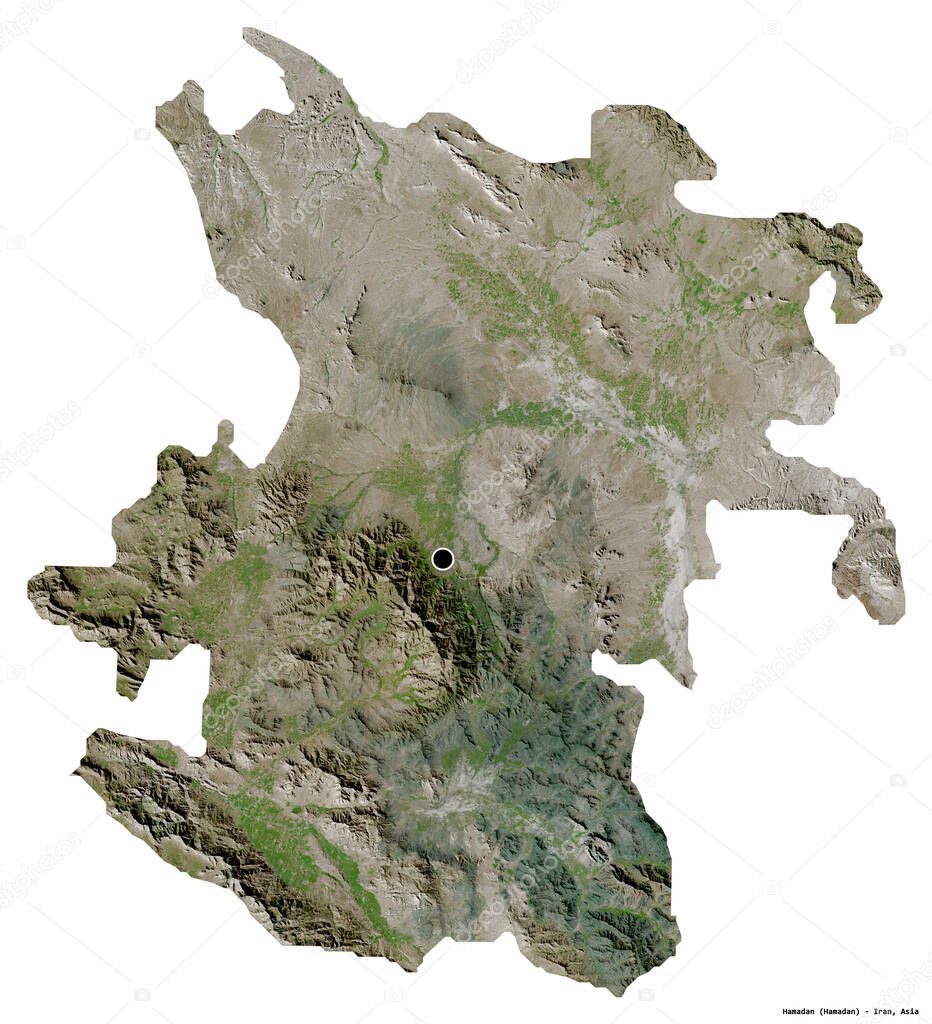Shape of Hamadan, province of Iran, with its capital isolated on white background. Satellite imagery. 3D rendering