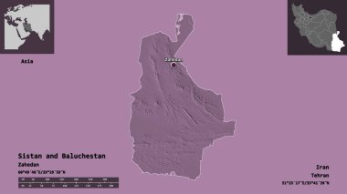 Sistan ve Baluchestan 'ın şekli, İran eyaleti ve başkenti. Uzaklık ölçeği, ön gösterimler ve etiketler. Renkli yükseklik haritası. 3B görüntüleme