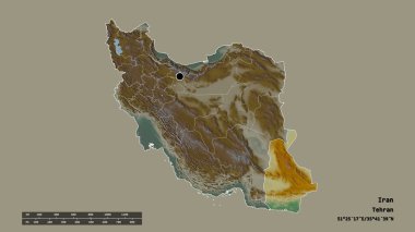 Başkenti, ana bölgesel bölünmesi ve ayrılmış Sistan ve Baluchestan bölgesi ile İran 'ın dejenere edilmiş şekli. Etiketler. Topografik yardım haritası. 3B görüntüleme