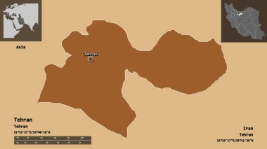 Tahran 'ın şekli, İran eyaleti ve başkenti. Uzaklık ölçeği, ön gösterimler ve etiketler. Desenli dokuların bileşimi. 3B görüntüleme