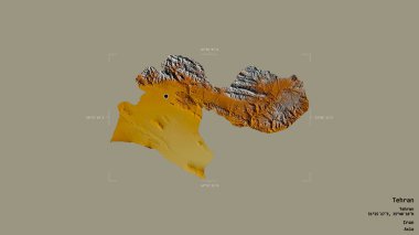 Tahran bölgesi, İran eyaleti, jeoreferatlı bir sınır kutusunda sağlam bir arka planda izole edilmiş. Etiketler. Topografik yardım haritası. 3B görüntüleme