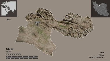 Tahran 'ın şekli, İran eyaleti ve başkenti. Uzaklık ölçeği, ön gösterimler ve etiketler. Uydu görüntüleri. 3B görüntüleme