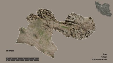 Tahran 'ın şekli, İran eyaleti, başkenti sağlam arka planda izole edilmiş. Uzaklık ölçeği, bölge önizlemesi ve etiketleri. Uydu görüntüleri. 3B görüntüleme