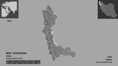 Batı Azarbaycan 'ın şekli, İran eyaleti ve başkenti. Uzaklık ölçeği, ön gösterimler ve etiketler. Çift seviyeli yükseklik haritası. 3B görüntüleme