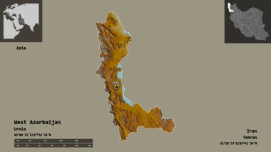 Batı Azarbaycan 'ın şekli, İran eyaleti ve başkenti. Uzaklık ölçeği, ön gösterimler ve etiketler. Topografik yardım haritası. 3B görüntüleme
