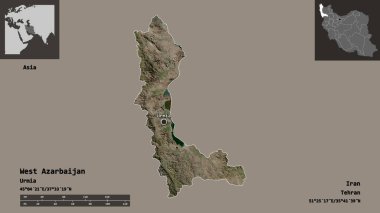 Batı Azarbaycan 'ın şekli, İran eyaleti ve başkenti. Uzaklık ölçeği, ön gösterimler ve etiketler. Uydu görüntüleri. 3B görüntüleme