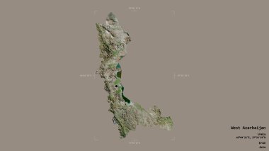 Batı Azarbaycan bölgesi, İran eyaleti, jeoreferatlı bir sınır kutusunda sağlam bir arka planda izole edilmiş. Etiketler. Uydu görüntüleri. 3B görüntüleme