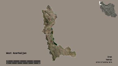 Batı Azarbaycan 'ın şekli, İran eyaleti, başkenti sağlam arka planda izole edilmiş. Uzaklık ölçeği, bölge önizlemesi ve etiketleri. Uydu görüntüleri. 3B görüntüleme