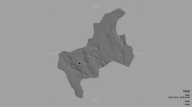 Yazd bölgesi, İran eyaleti, jeoreferatlı bir sınır kutusunda sağlam bir arka planda izole edilmiş. Etiketler. Çift seviyeli yükseklik haritası. 3B görüntüleme