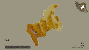 İran 'ın Yazd eyaleti, başkenti sağlam bir zemin üzerinde izole edilmiştir. Uzaklık ölçeği, bölge önizlemesi ve etiketleri. Topografik yardım haritası. 3B görüntüleme