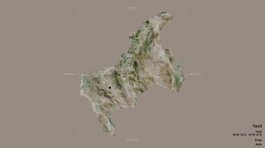 Yazd bölgesi, İran eyaleti, jeoreferatlı bir sınır kutusunda sağlam bir arka planda izole edilmiş. Etiketler. Uydu görüntüleri. 3B görüntüleme
